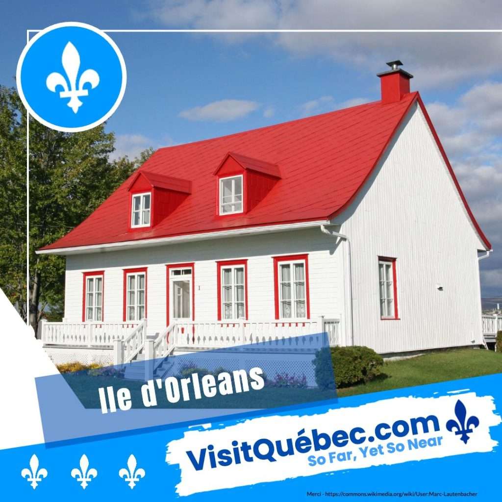 A charming white house with a red roof and windows sits gracefully amid the lush trees of Île d'Orléans. The picturesque scene invites you to explore more, with VisitQuébec.com elegantly displayed over the image.